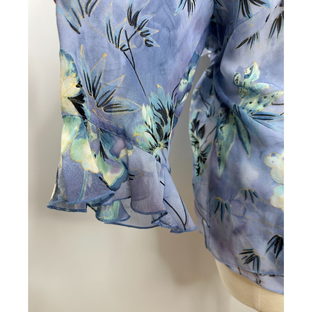 Midnight Velvet 100% Silk Ruffle Wrap Blouse Blue Floral Sheer Top Plus Size 18W - Picture 6 of 13
